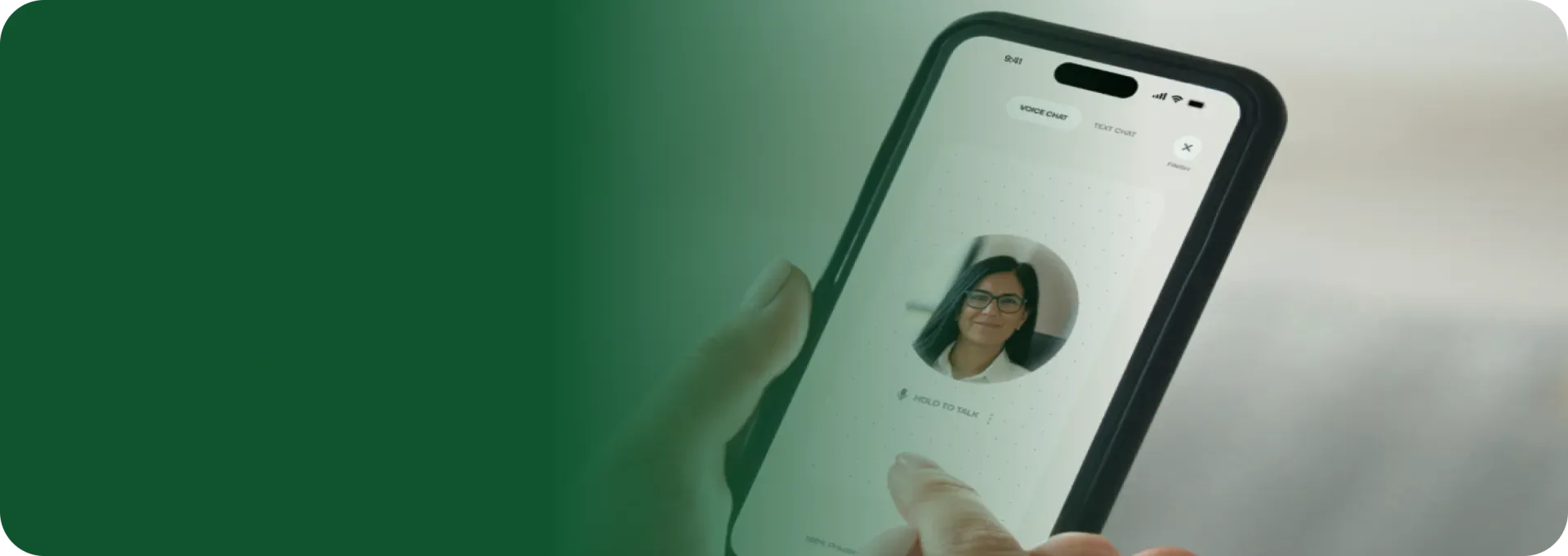 A hand holds a phone showing Yuna's voice chat screen with a hold-to-talk prompt