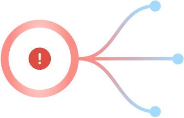Red exclamation mark inside a white circle with three curved branching lines extending to the right, each ending in a small blue dot.