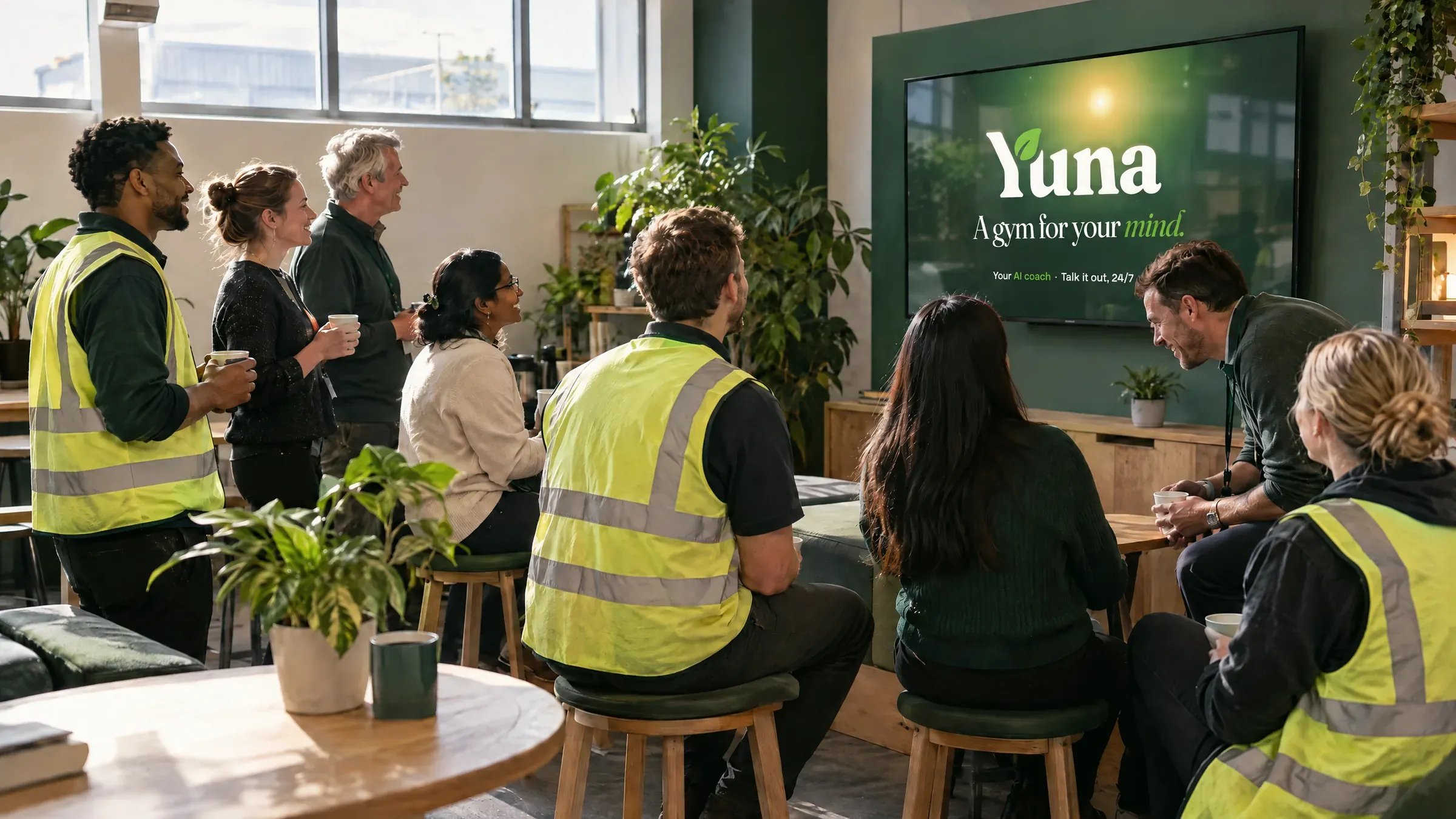 Coworkers in hi-vis vests and office clothes gather in a plant-filled break room, coffee in hand, watching the Yuna film on a wall screen