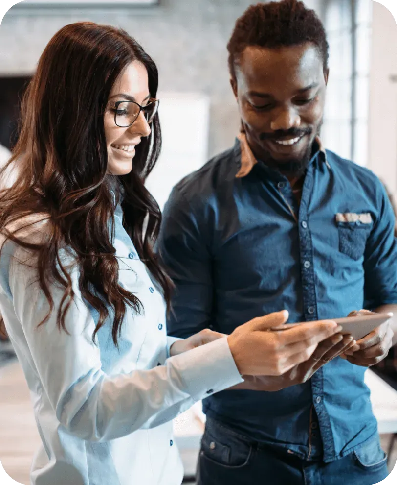 A team collaborating in a bright modern workplace