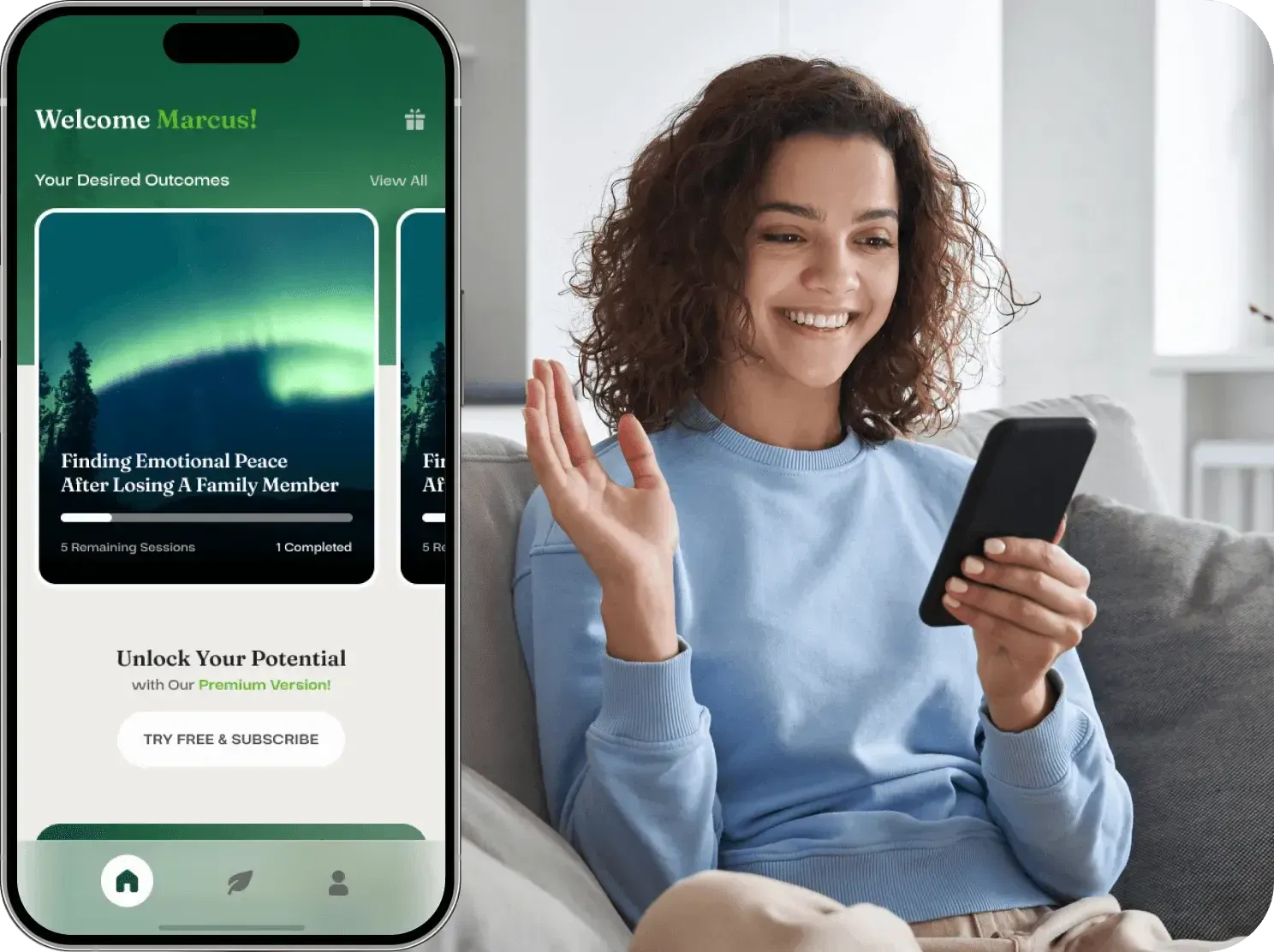 Woman smiling using the Yuna app on her phone