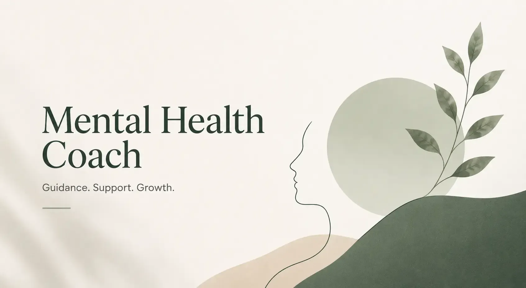 Illustration of a face in profile drawn as a single line, beside a leafy stem, captioned 'Mental Health Coach'