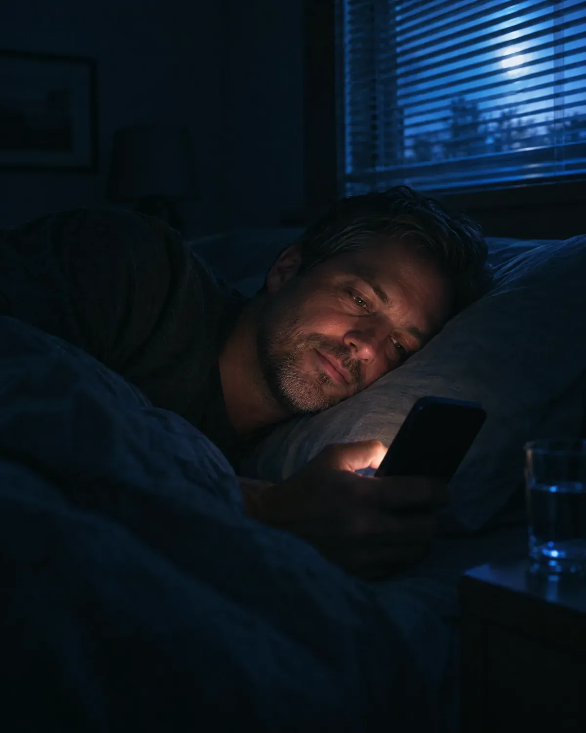 A man lying in bed in a dark blue room at night, his calm face lit by his phone