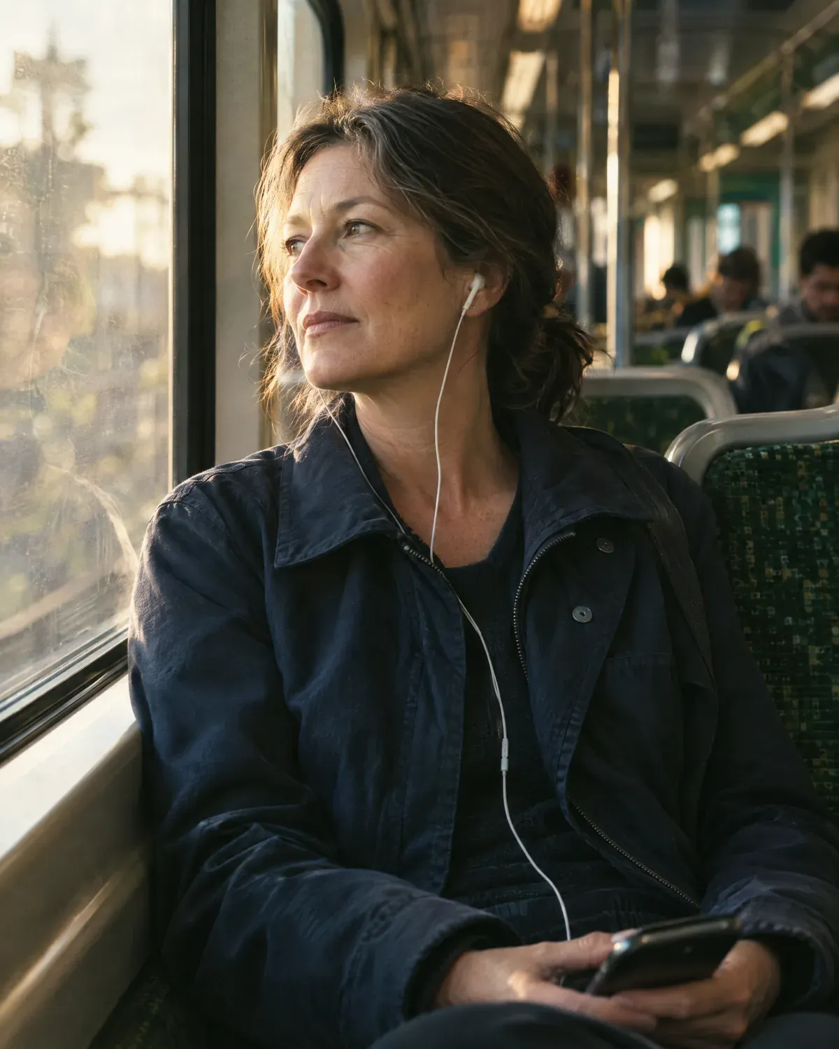 A woman in a navy work jacket on a morning train, earbuds in, looking calmly out of the sunlit window