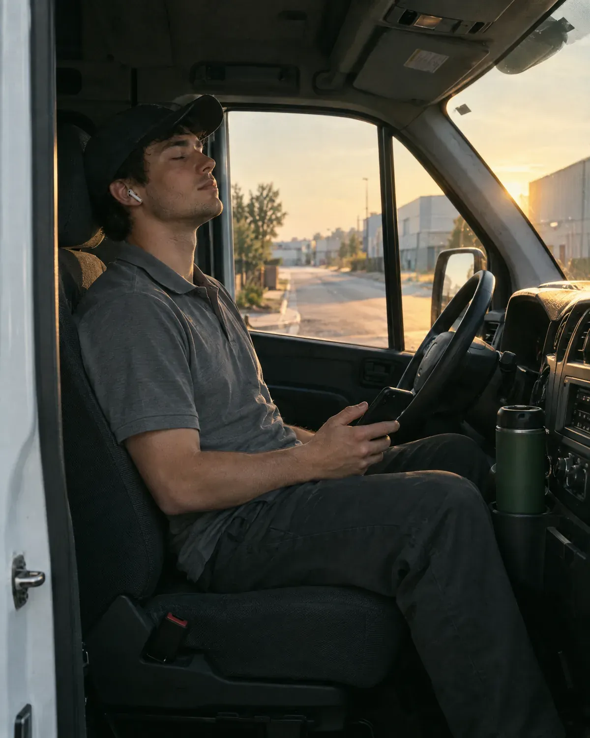 A delivery driver sitting in his parked van at dawn, earbuds in, eyes closed, taking one slow breath
