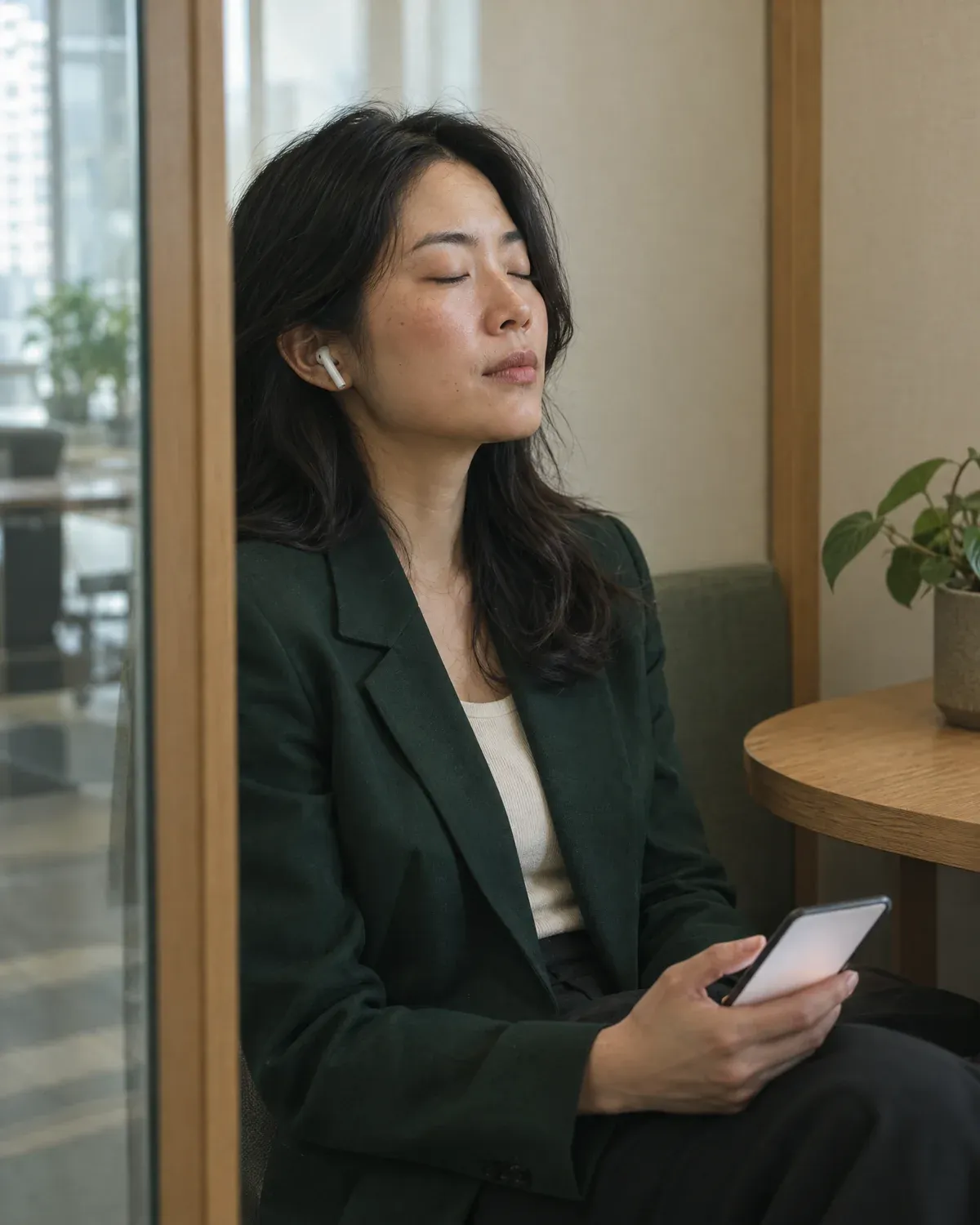 A woman in a green blazer taking a steadying breath in a quiet office booth, phone in hand