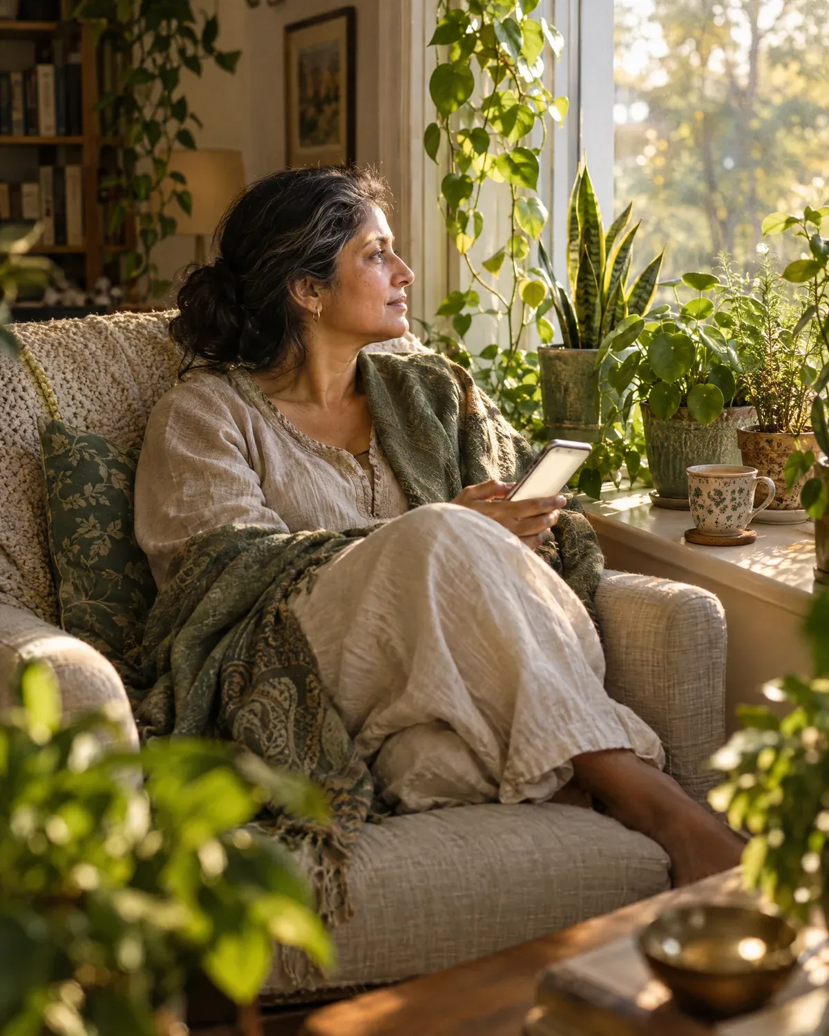 A woman relaxing in a sunlit armchair by a window full of plants, phone in her hand