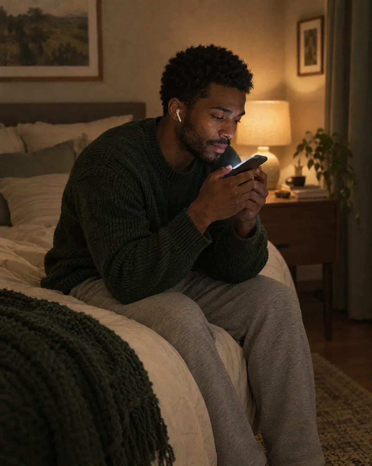 A young man sitting on the edge of his bed at night, talking quietly into his phone