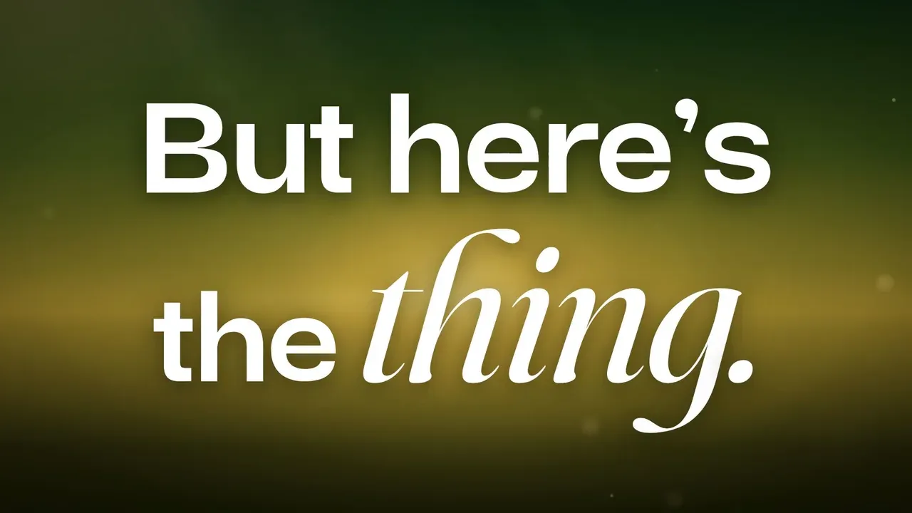 Film still: the words But here's the thing in large type over a gold sunrise glow