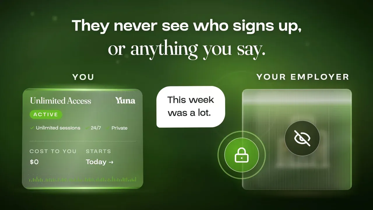 Film still: a Yuna pass card marked Active next to a frosted employer panel, under the line They never see who signs up, or anything you say