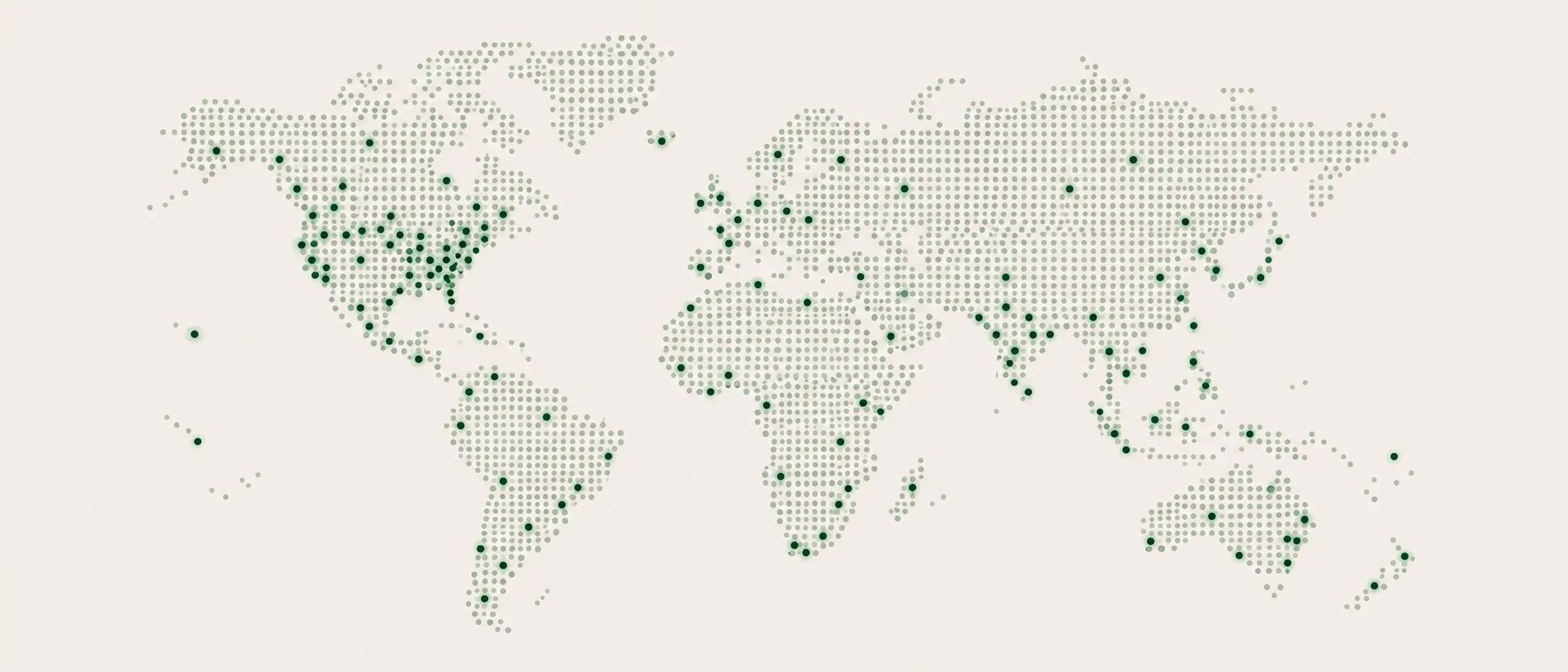 Illustration of a dotted world map with green points across North America, South America, Europe, Africa, Asia and Australia