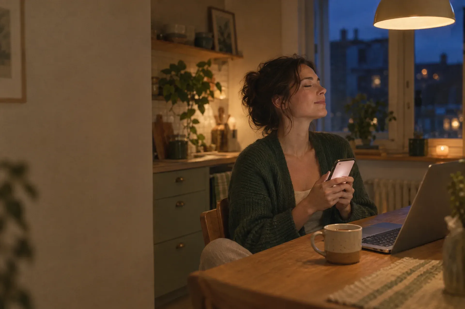 A woman at her kitchen table late on a weeknight, laptop pushed aside, holding her phone and exhaling with her eyes closed